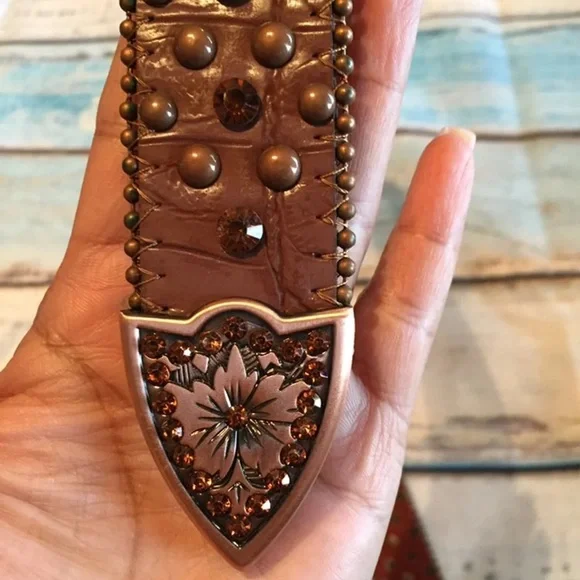 Womens Western Leather Belt Buckle Studded Cowgirl Brown Size Large - Picture 3 of 12